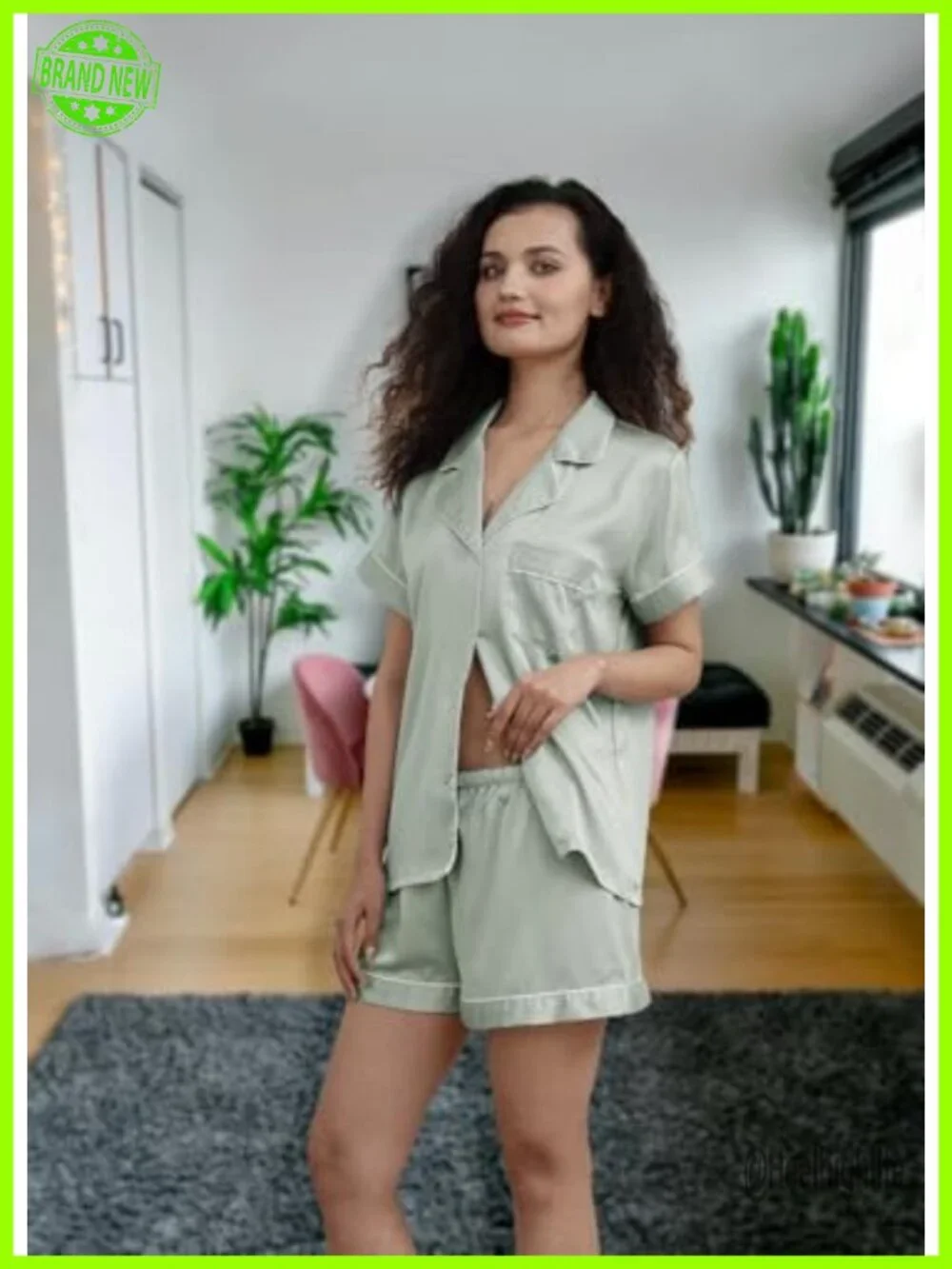 Satin Pajama Set Two-Piece Silk Pajamas Button-Down Sleepwear Pjs Set